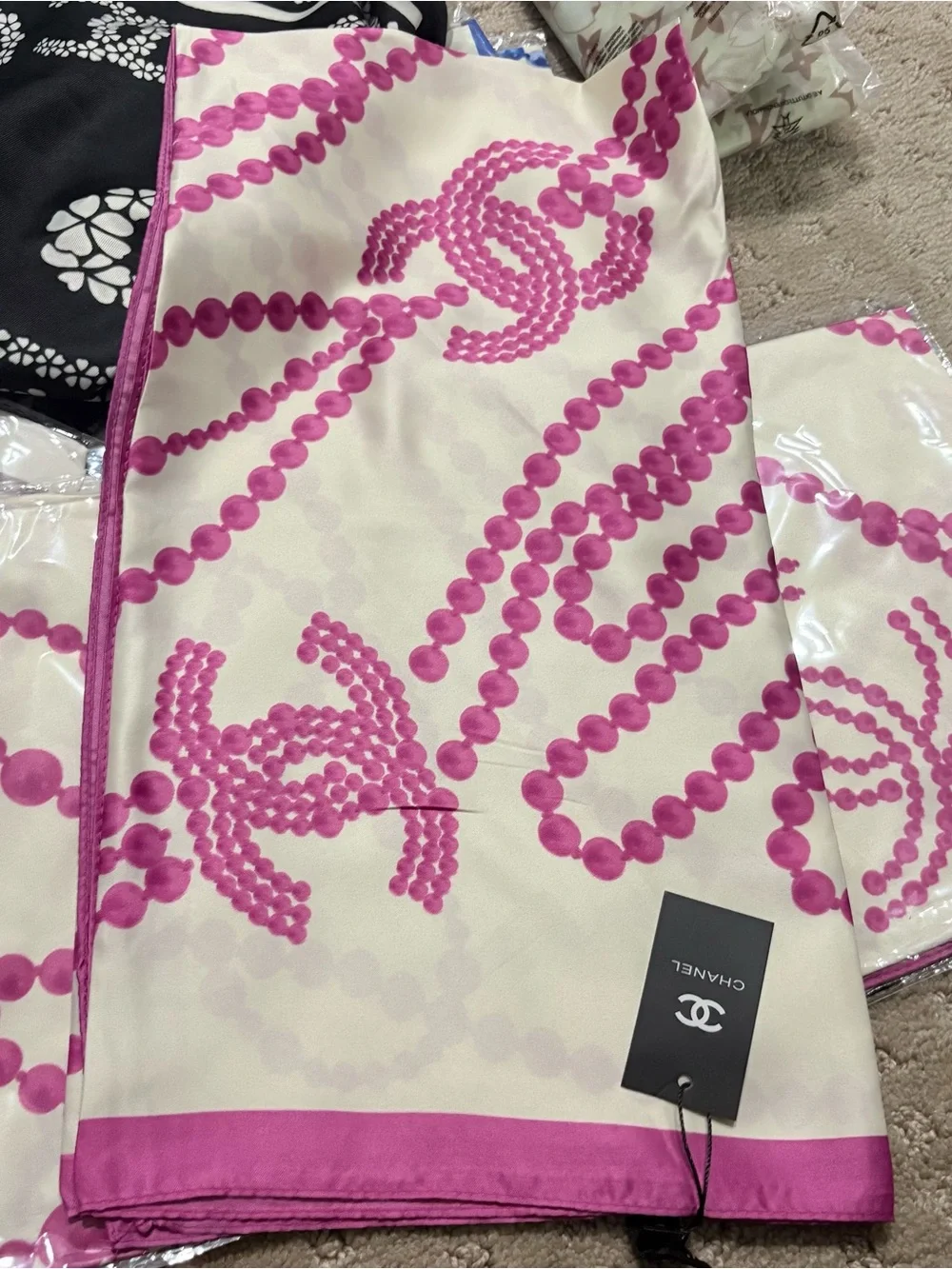 Chanel Silk chic Scarf CC Logo Pink White Square 35x35 ‼️LAST ONE LEFT